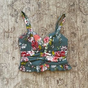 Band Of Gypsies BOG Collective Smocked Floral Ruffle Crop Top, Green, Size S